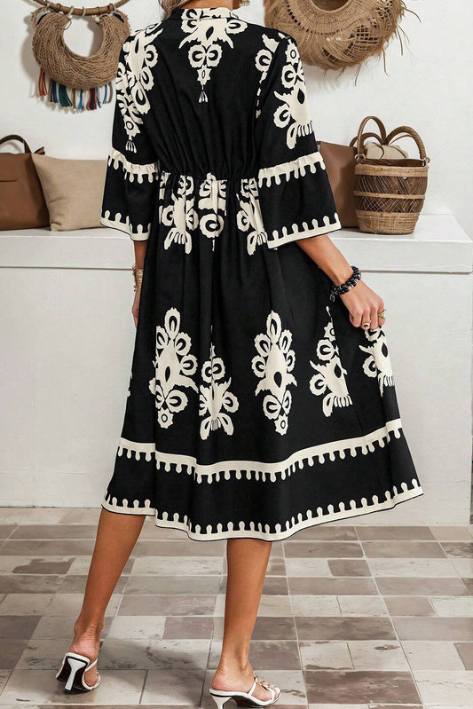 Black Western Geometric Print 3/4 Sleeve Loose Midi Dress Midi Dresses JT's Designer Fashion