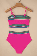 Rose Red Contrast Banding Tube Bikini High Waist 2pcs Swimsuit High Waisted Swimsuit JT's Designer Fashion