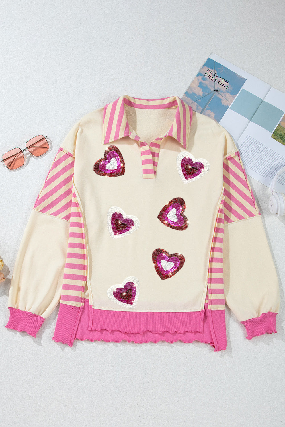 Pink Stripe Patchwork Sequin Heart Pattern Long Sleeve Collared Split Top Graphic Sweatshirts JT's Designer Fashion