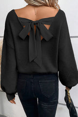 Black Lantern Sleeve V Neck Knot Back Sweater Sweaters JT's Designer Fashion