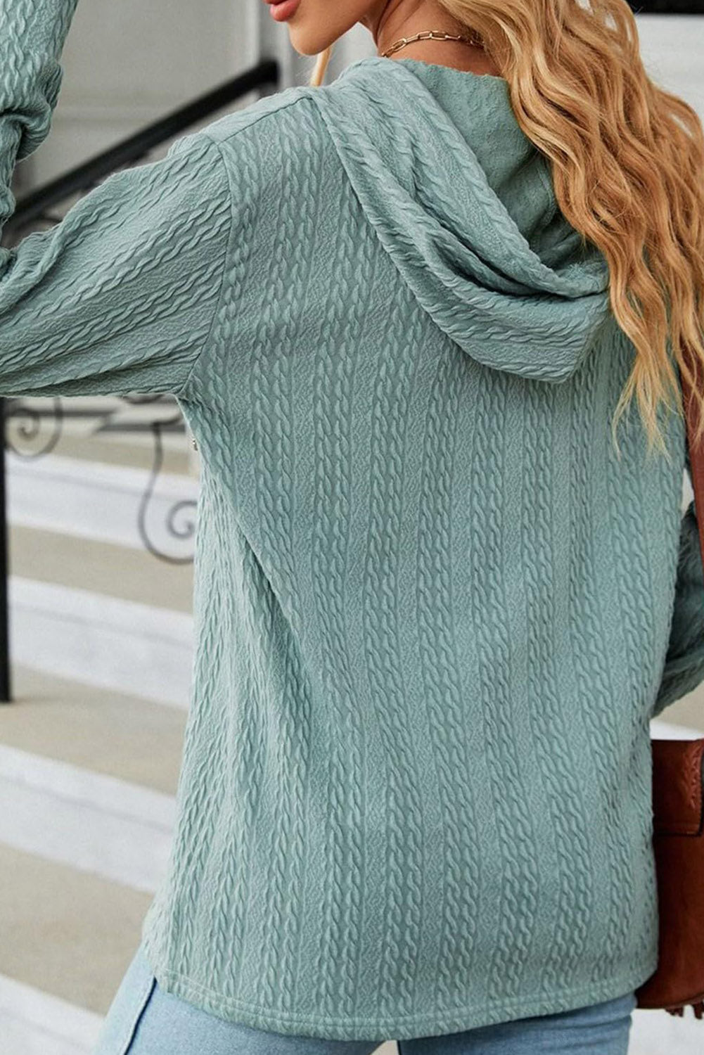 Mint Green Button Front Textured Drawstring Hooded Long Sleeve Top Long Sleeve Tops JT's Designer Fashion