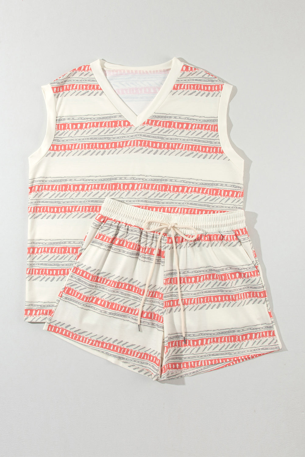 Beige Western Striped Print Casual Tank 2pcs Outfit Short Sets JT's Designer Fashion