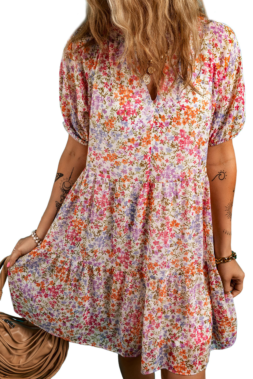 Red Floral Puff Sleeve Notched V Neck Tiered Mini Dress Floral Dresses JT's Designer Fashion