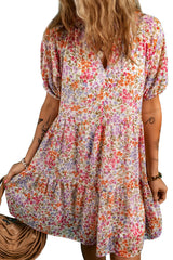 Red Floral Puff Sleeve Notched V Neck Tiered Mini Dress Floral Dresses JT's Designer Fashion