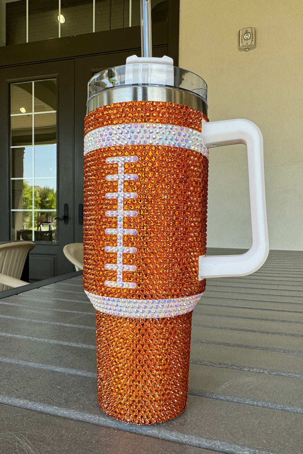 Orange Rhinestone Rugby Football Handle Vacuum Cup 40oz Tumblers JT's Designer Fashion