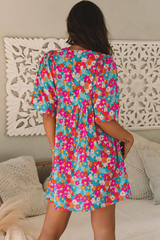 Sky Blue Floral Print Tie Split Neck Bubble Sleeve Babydoll Dress Floral Dresses JT's Designer Fashion