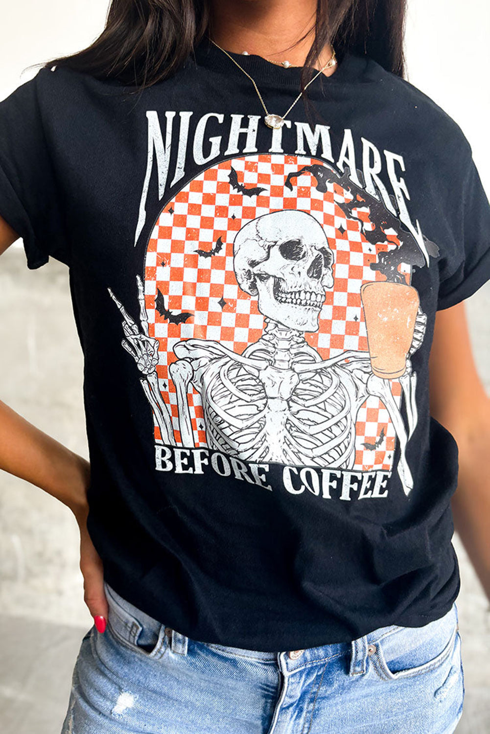 Black Nightmare Before Coffee Skull Checkerboard Graphic Halloween Tee Graphic Tees JT's Designer Fashion