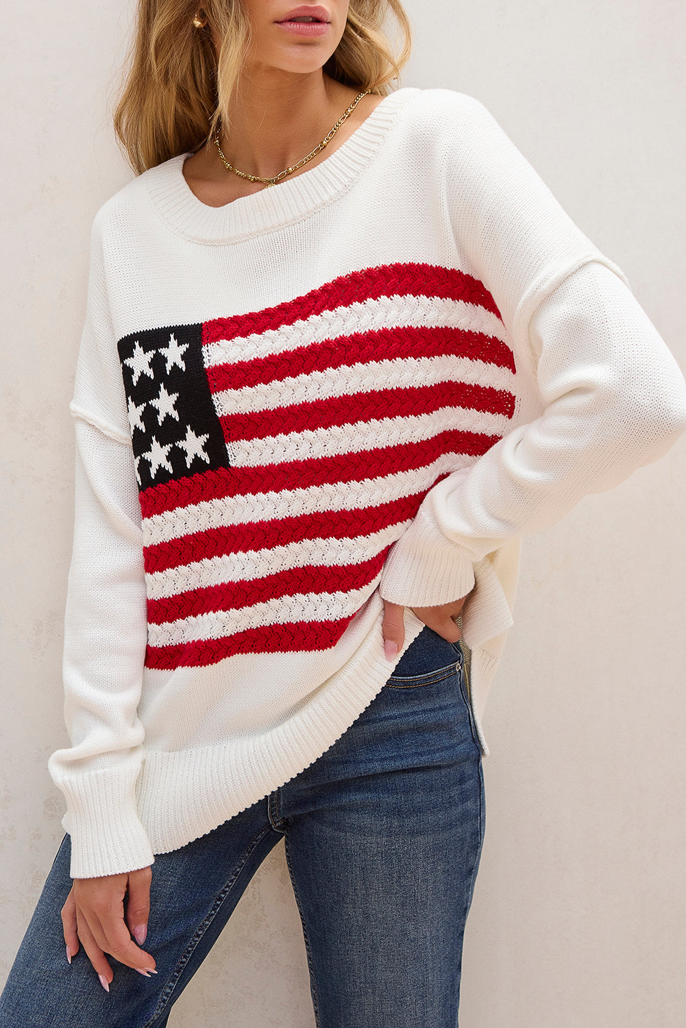White American Flag Cable Knit Drop Shoulder Sweater Sweaters JT's Designer Fashion
