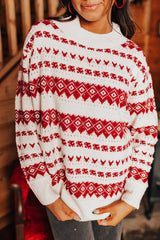 White Western Geometric Patterned Crew Neck Loose Sweater Sweaters JT's Designer Fashion
