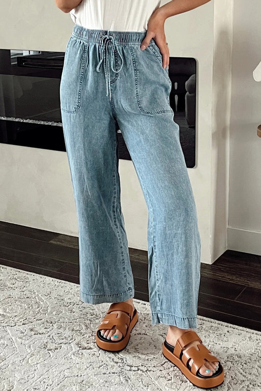Myosotis Mineral Wash Drawstring Elastic Waistband Loose Straight Denim Pants Myosotis 71%Cotton+27.5%Polyester+1.5%Elastane Jeans JT's Designer Fashion