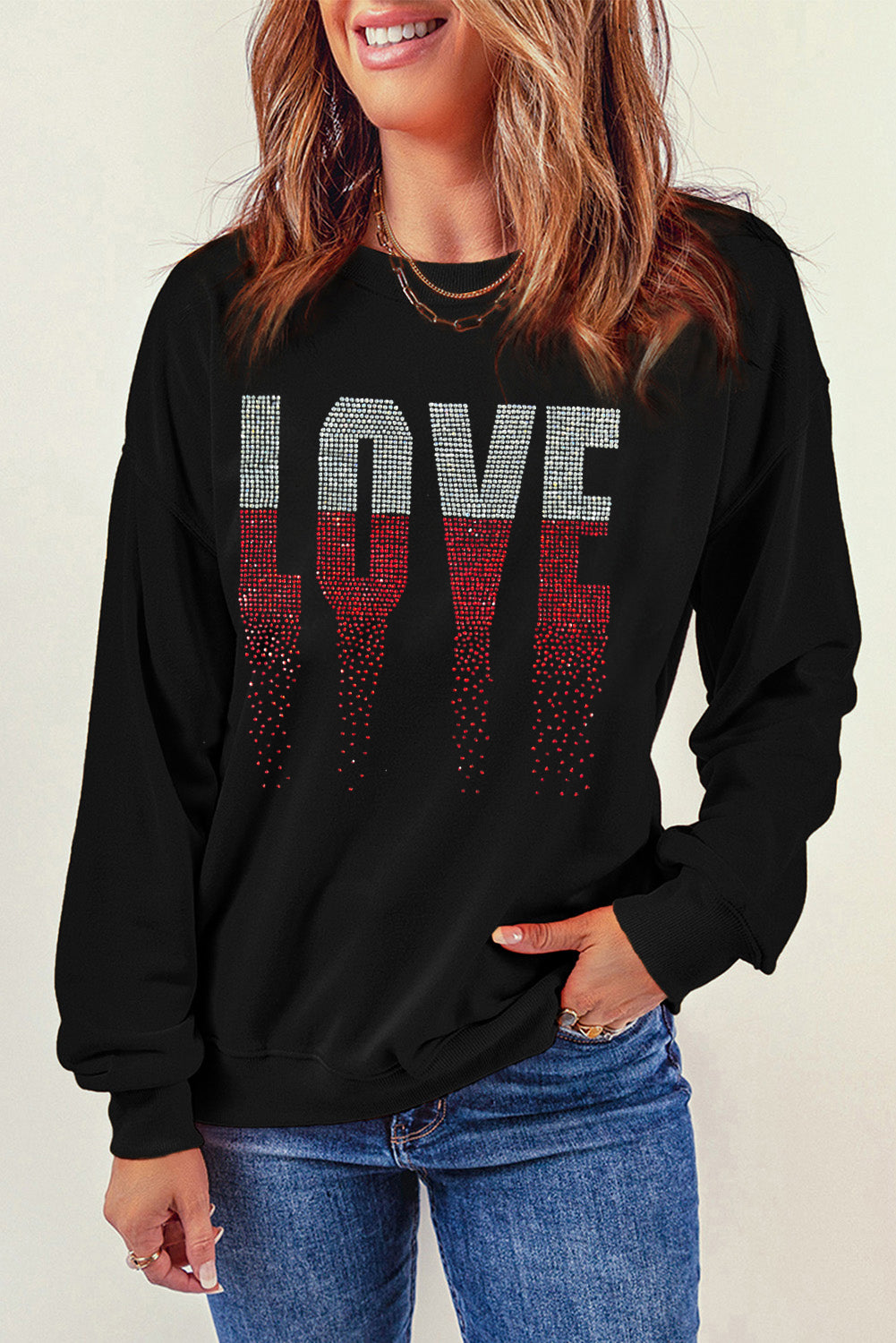 Black Rhinestone LOVE Graphic Crewneck Valentines Sweatshirt Graphic Sweatshirts JT's Designer Fashion