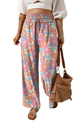 Pink Floral Smocked Waist Loose Pants Bottoms JT's Designer Fashion