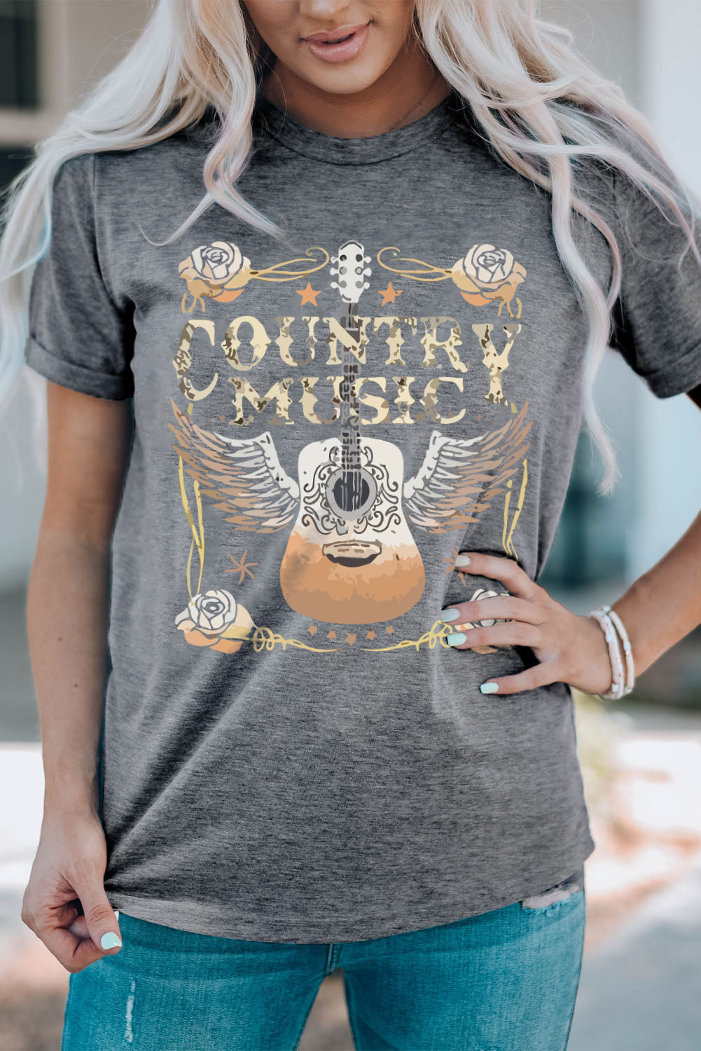 Gray COUNTRY MUSIC Guitar Graphic Print Crew Neck T Shirt Graphic Tees JT's Designer Fashion