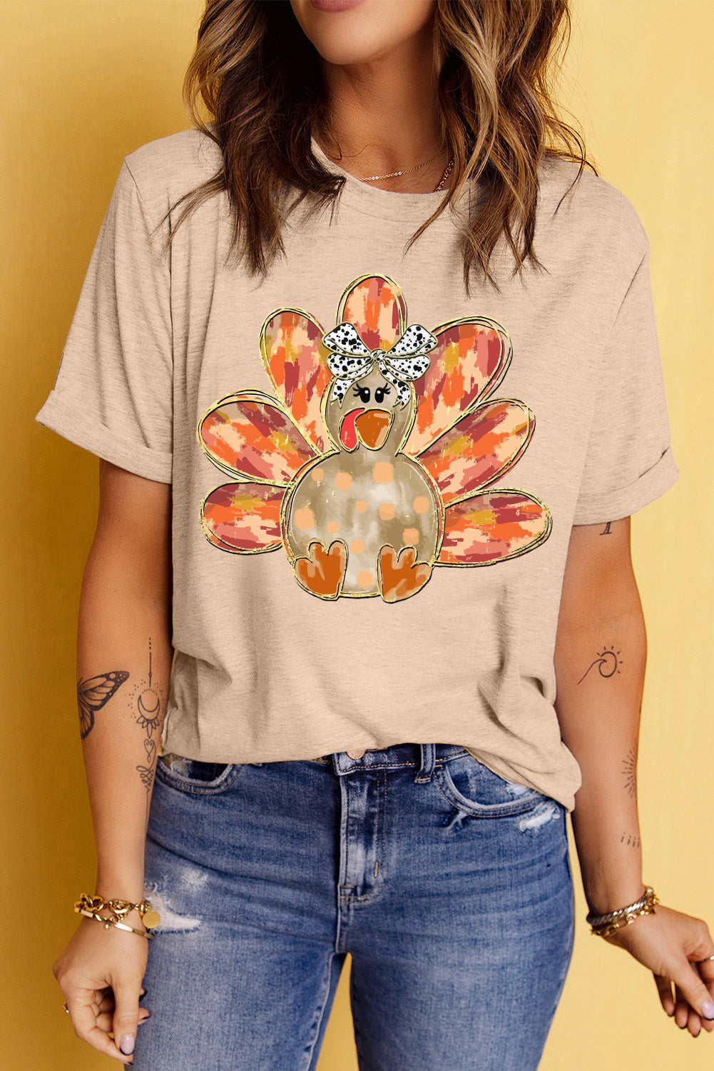 Khaki Thanksgiving Bowknot Turkey Graphic Crewneck Tee Graphic Tees JT's Designer Fashion