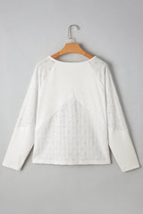 White Twisted Rib Patchwork Embroidered Loose V Neck Long Sleeve Top Blouses & Shirts JT's Designer Fashion