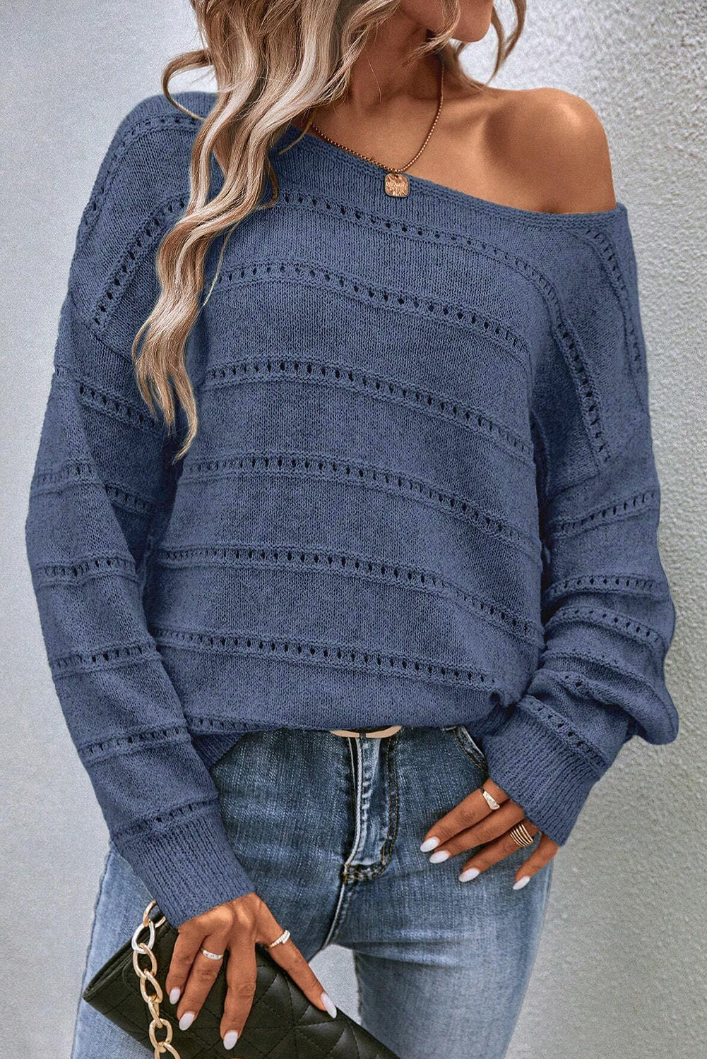 Real Teal Boat Neck Drop Shoulder Pointelle Knit Sweater Sweaters JT's Designer Fashion