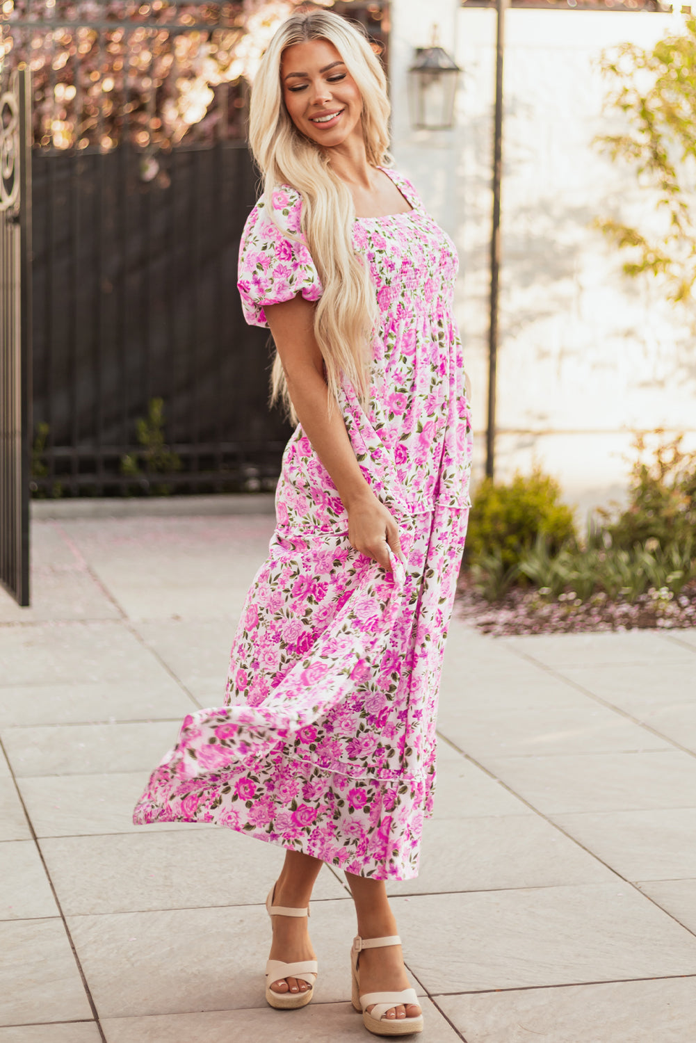 Pink Dainty Floral Smocked Puff Sleeve Flowy Long Dress Maxi Dresses JT's Designer Fashion