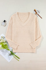 Parchment Loose Eyelet V Neck Drop Shoulder Sweater Sweaters JT's Designer Fashion