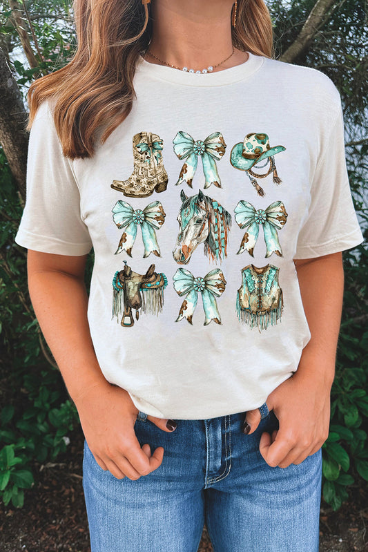 White Horse Bowknot Cowgirl Fashion Print Crewneck Tee Graphic Tees JT's Designer Fashion