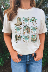 White Horse Bowknot Cowgirl Fashion Print Crewneck Tee Graphic Tees JT's Designer Fashion