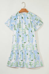 Sky Blue Floral Contrast Edge Layered Short Sleeve Mini Dress Floral Dresses JT's Designer Fashion