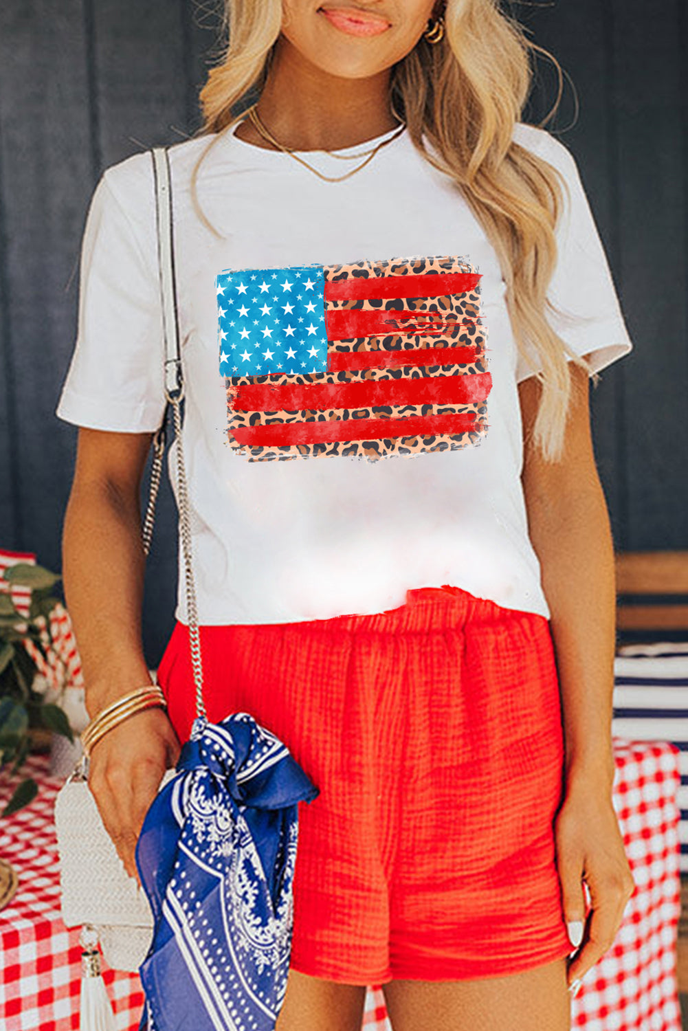White Leopard Insert American Flag Pattern Cotton Blend T Shirt Graphic Tees JT's Designer Fashion