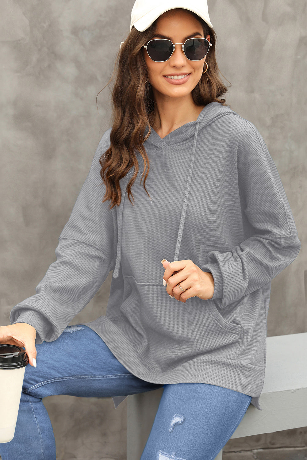 Gray Waffle Knit Fleece Lined High Low Oversized Hoodie Sweatshirts & Hoodies JT's Designer Fashion