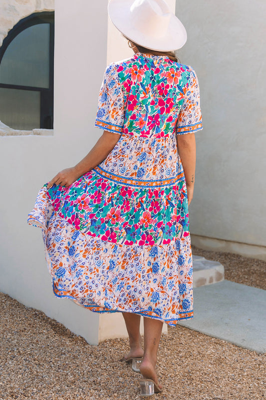 Sky Blue Mixed Floral Print Tie Split Neck Short Sleeve Dress Floral Dresses JT's Designer Fashion