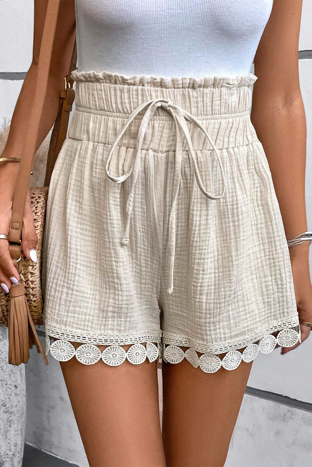 Apricot Textured Frilled Knotted High Waist Lace Hem Shorts Casual Shorts JT's Designer Fashion