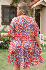 Red Dainty Flower Printed Plus Size Short Sleeve Shift Dress Plus Size Mini Dresses JT's Designer Fashion