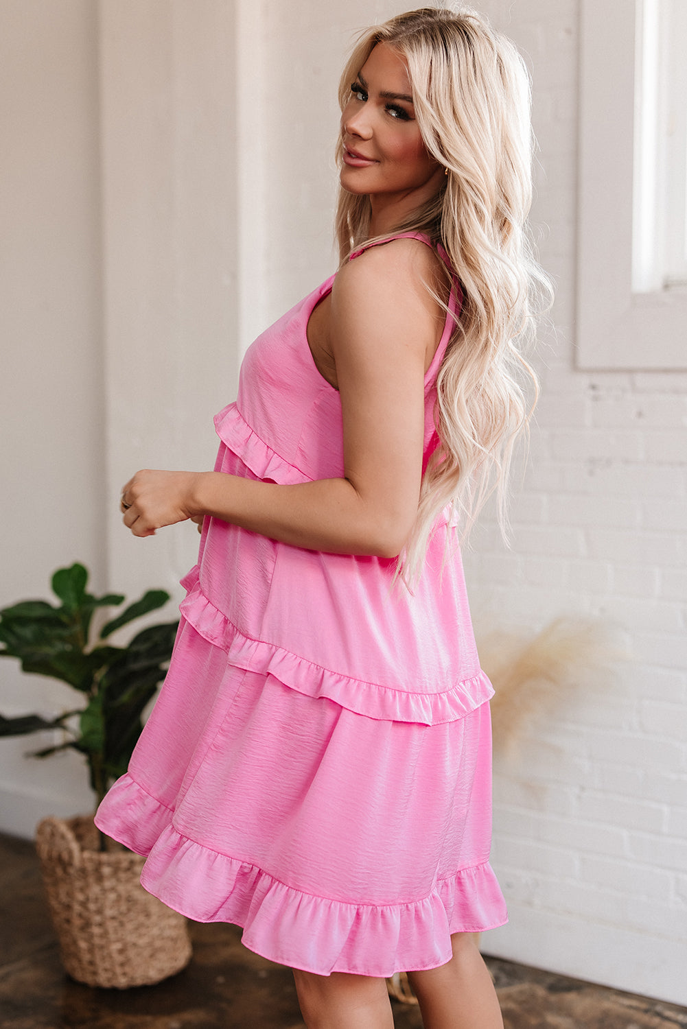 Pink Smocked Neck Knot Back Frilly Tiered Sleeveless Mini Dress Mini Dresses JT's Designer Fashion