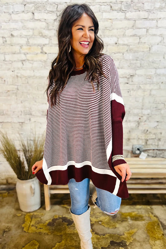 Red Stripe Color Block Patchwork Dolman Oversize Tunic Sweater Sweaters JT's Designer Fashion