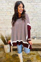 Red Stripe Color Block Patchwork Dolman Oversize Tunic Sweater Sweaters JT's Designer Fashion