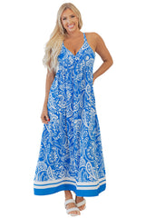 Blue Paisley V Neck Crisscross Backless Long Dress Maxi Dresses JT's Designer Fashion