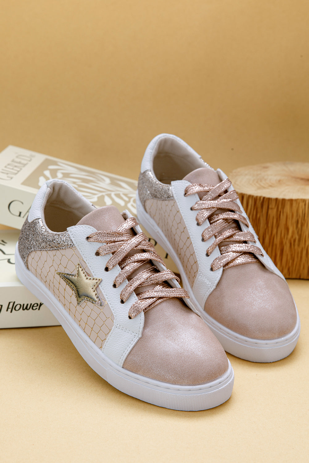 Gold Glitter Star Patchwork Leather Lace-up Sneakers Women's Shoes JT's Designer Fashion