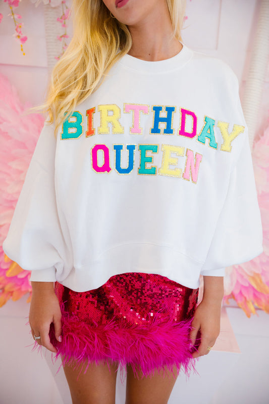 White BIRTHDAY QUEEN Graphic Balloon Sleeve Sweatshirt Sweatshirts & Hoodies JT's Designer Fashion