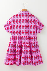 Sachet Pink Floral Print Multi Buttons Collared Short Sleeve Flowy Dress Mini Dresses JT's Designer Fashion