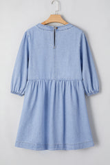Beau Blue Denim Button Detail Babydoll Square Neck Mini Dress Mini Dresses JT's Designer Fashion
