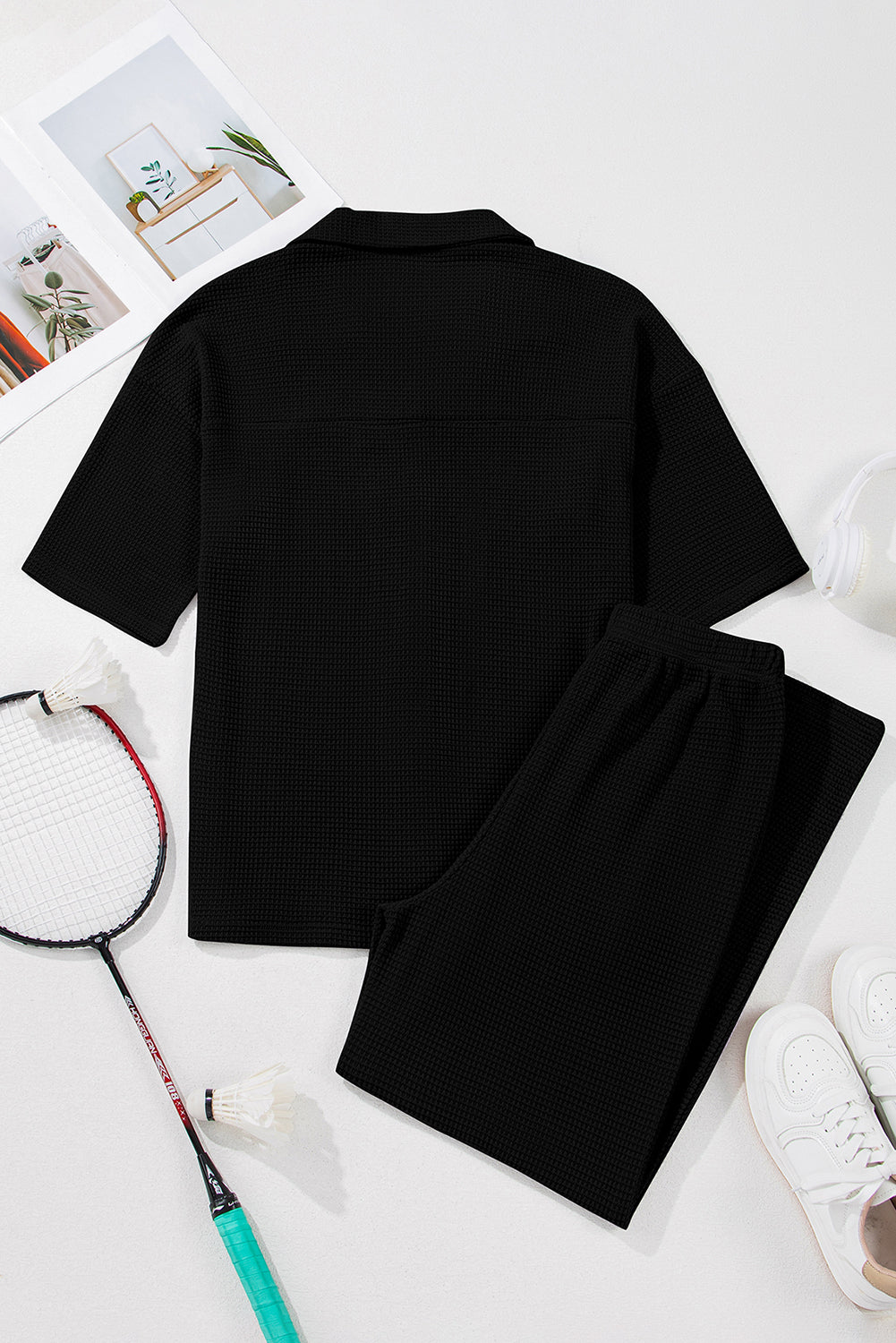 Black Solid Color Textured Buttoned Shirt and Casual Pants Set Pant Sets JT's Designer Fashion