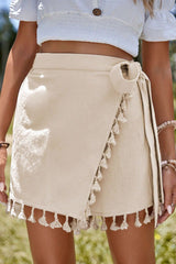 Apricot Tassel Trim Wrap Knot Side Bohemian Style Mini Skort Apricot 100%Cotton Casual Shorts JT's Designer Fashion