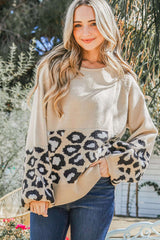 Khaki Leopard Patchwork Knitted Puff Sleeve Sweater Sweaters & Cardigans JT's Designer Fashion