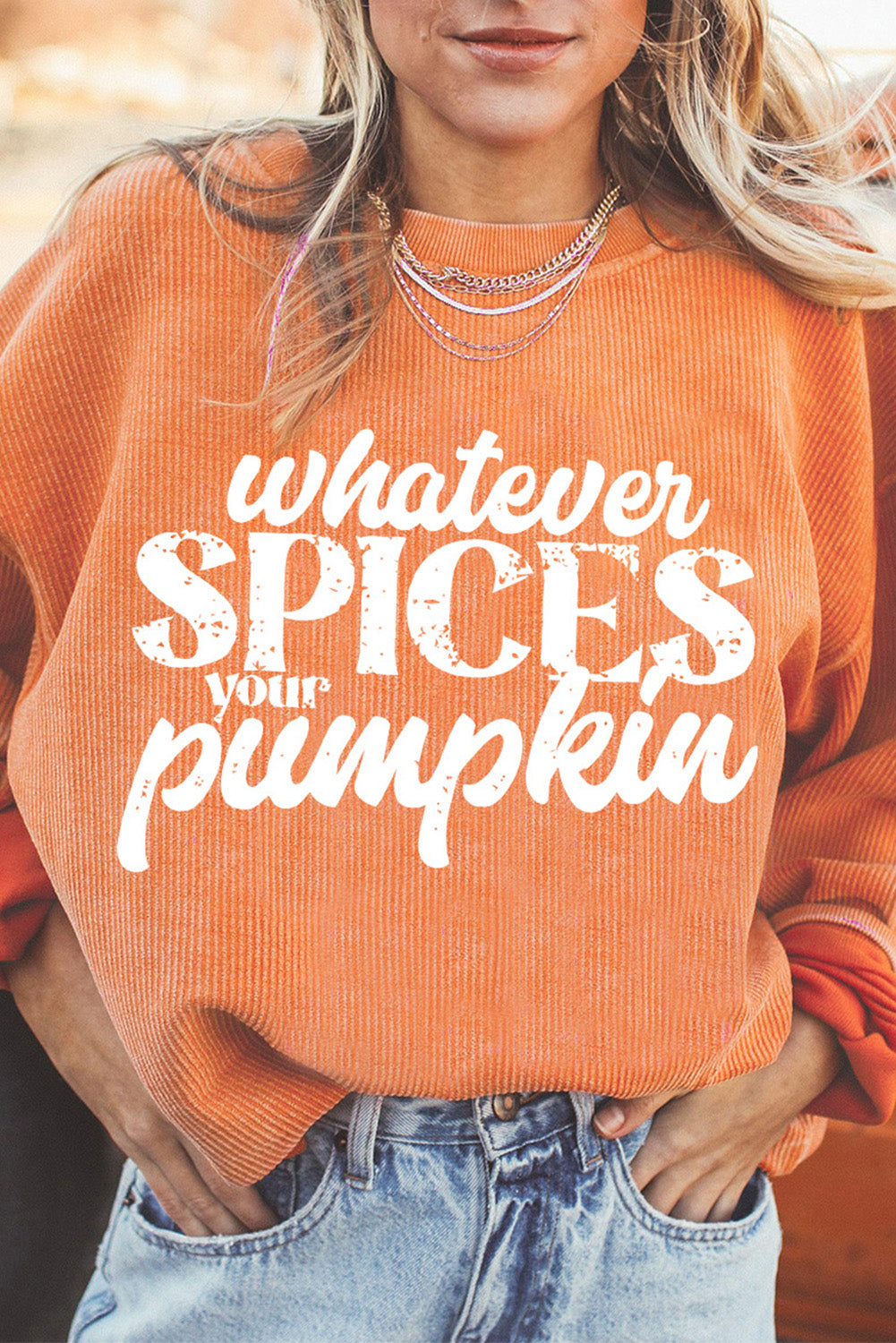 Orange Whatever Spices Your Pumpkin Graphic Corded Pullover Sweatshirt Orange-3 100%Polyester Graphic Sweatshirts JT's Designer Fashion