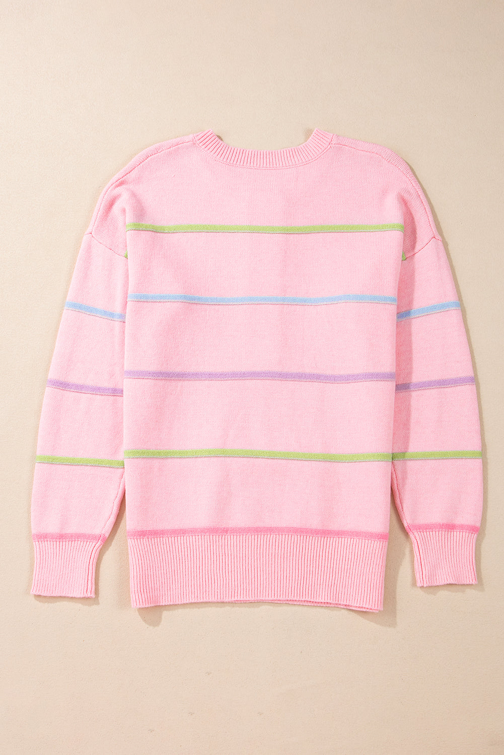 Pink Rainbow Stripes Drop Shoulder Baggy Henley Sweater Sweaters JT's Designer Fashion