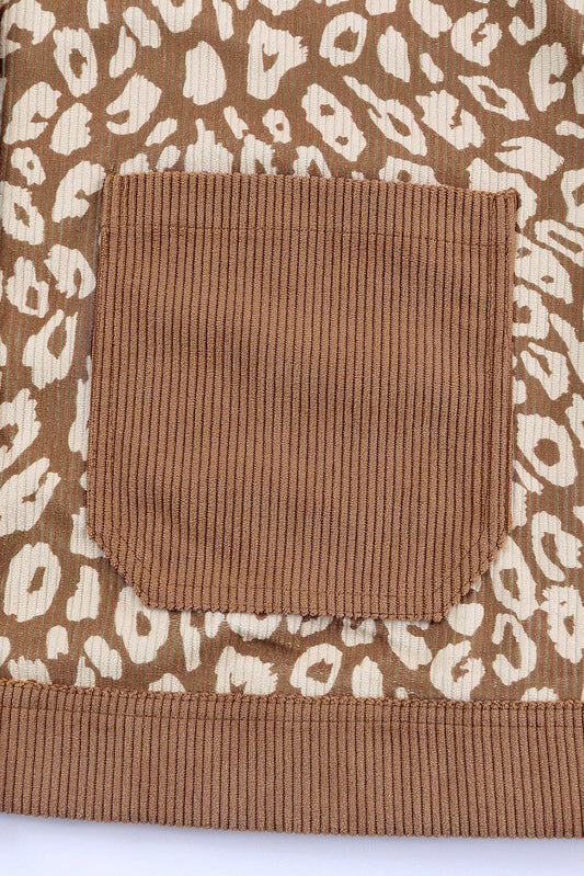 Brown Leopard Print Corduroy Long Sleeve Jacket Jackets JT's Designer Fashion