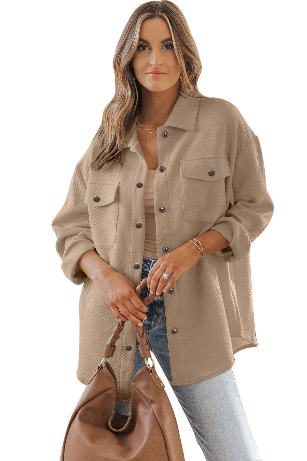 Khaki Solid Textured Flap Pocket Buttoned Shacket Jackets JT's Designer Fashion