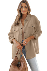 Khaki Solid Textured Flap Pocket Buttoned Shacket Jackets JT's Designer Fashion