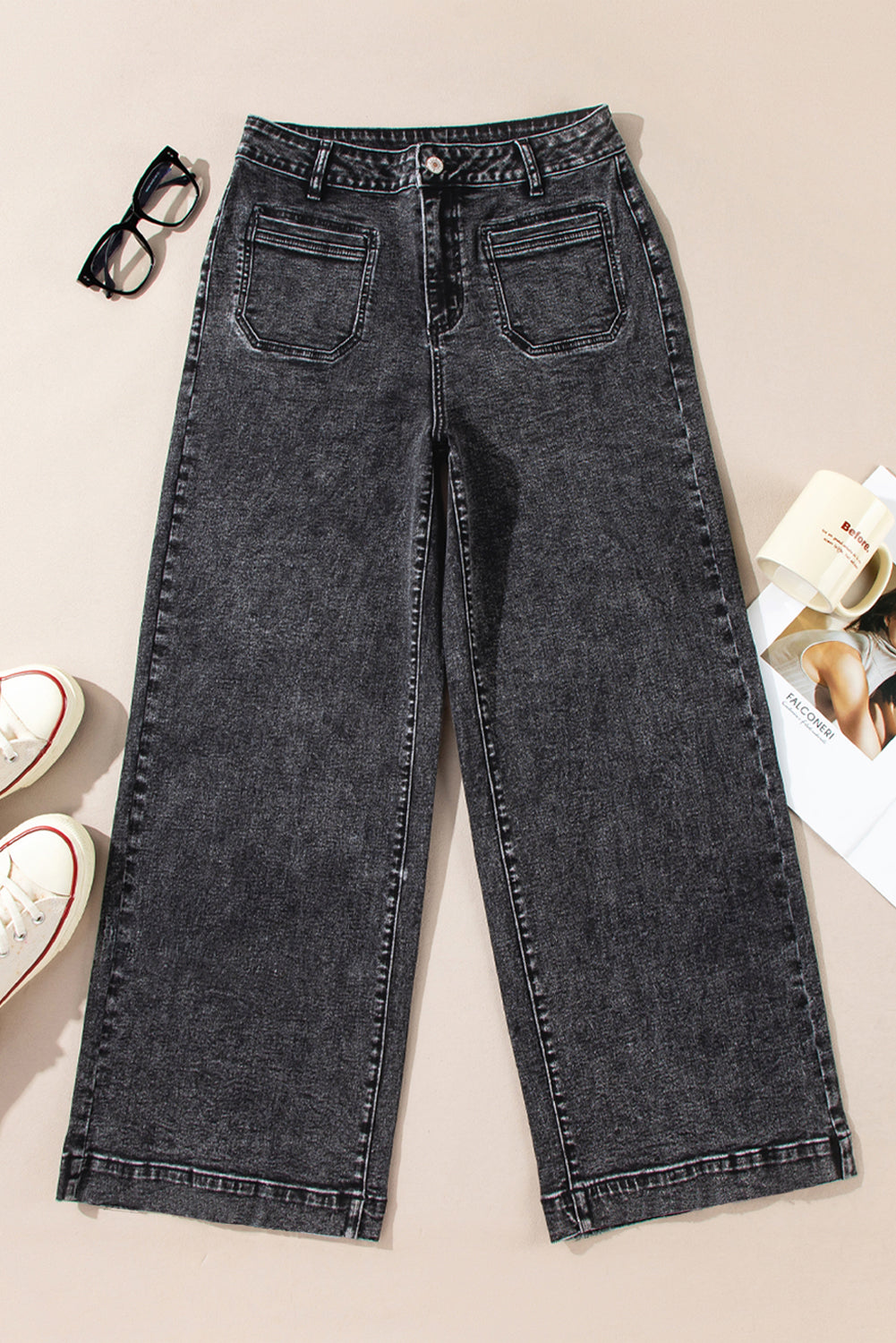 Black Chic Patch Pocket Straight Leg Loose Jeans Jeans JT's Designer Fashion