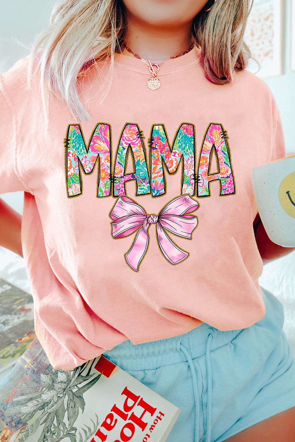 Pink Floral MAMA Bowknot Print Crewneck T Shirt Graphic Tees JT's Designer Fashion