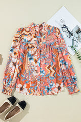 Orange Floral Print Shirred Cuff Buttoned Loose Shirt Blouses & Shirts JT's Designer Fashion