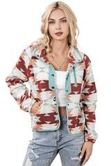 Fiery Red Western Aztec Buttoned Zipper Pockets Fleece Jacket Jackets JT's Designer Fashion